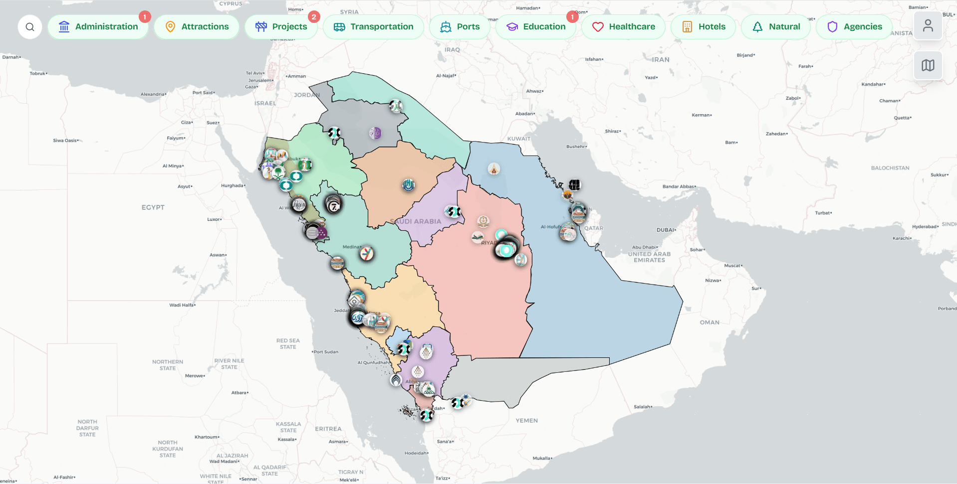 Wejhah platform: map viewport with geographic layers and project context across Saudi Arabia
